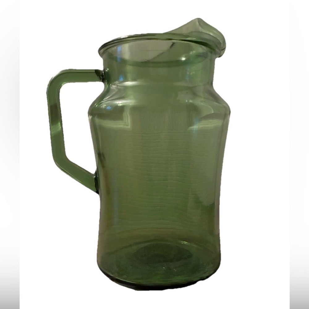 Vintage MCM Avocado Green Glass Pitcher with Ice Lip, 9.5” tall